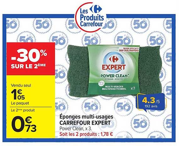 Éponges multi-usages CARREFOUR EXPERT Power Clean, x3. Soit les 2 : 1,78 €