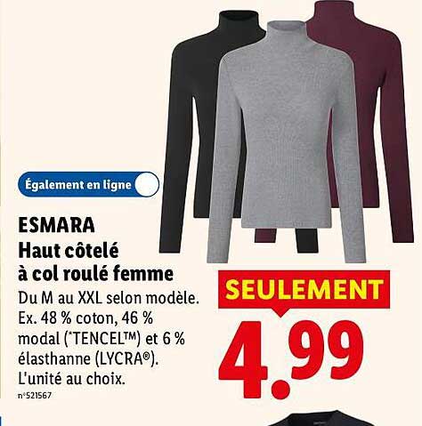 ESMARA Haut côtelé à col roulé femme