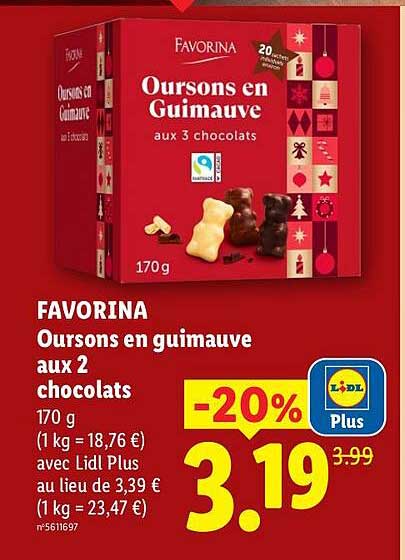 FAVORINA Oursons en guimauve aux 2 chocolats 170 g (1 kg = 18,76 €) avec Lidl Plus au lieu de 3,39 € (1 kg = 23,47 €)