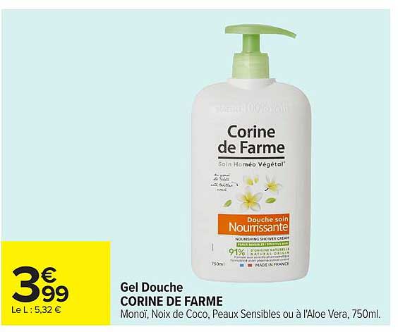Gel Douche CORINE DE FARME Monoï, Noix de Coco, Peaux Sensibles ou à l'Aloe Vera, 750ml.