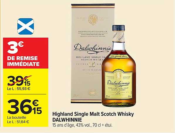 Highland Single Malt Scotch Whisky DALWHINNIE 15 ans d'âge, 43% vol., 70 cl + étui.