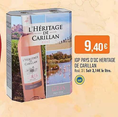IGP PAYS D'OC HERITAGE DE CARILLAN Rosé. 3 l. Soit 3,14€ le litre.
