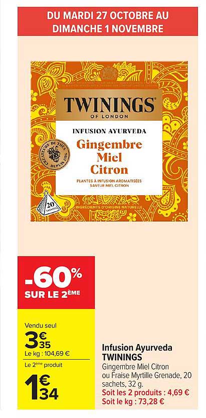 Infusion Ayurveda TWININGS Gingembre Miel Citron ou Fraise Myrtille Grenade, 20 sachets, 32 g.