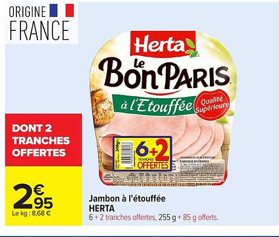Jambon à l'étouffée HERTA 6 + 2 tranches offertes, 255 g + 85 g offerts.