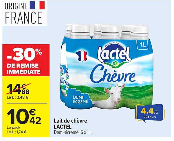 Lait de chèvre LACTEL Demi-écrémé, 6 x 1 L.