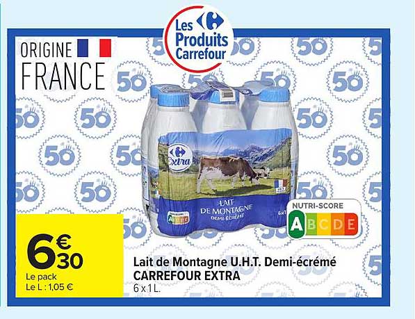 Lait de Montagne U.H.T. Demi-écrémé CARREFOUR EXTRA 6 x 1 L