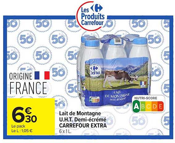 Lait de Montagne U.H.T. Demi-écrémé CARREFOUR EXTRA 6 x 1 L