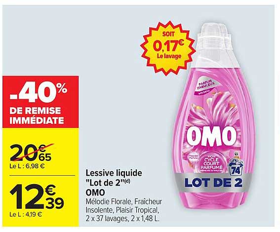 Lessive liquide "Lot de 2" OMO Mélodie Florale, Fraîcheur Insolente, Plaisir Tropical, 2 x 37 lavages, 2 x 1,48 L