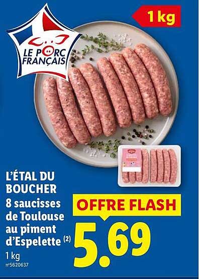 L’ÉTAL DU BOUCHER 8 saucisses de Toulouse au piment d’Espelette (2) 1 kg