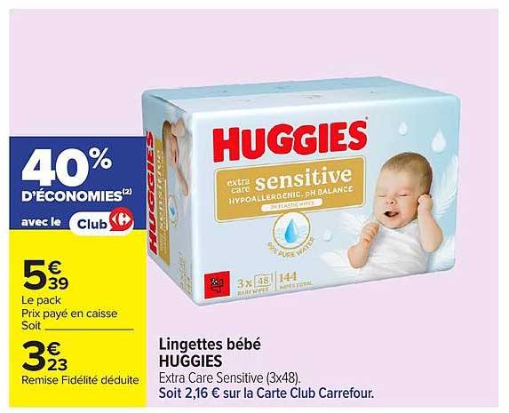 Lingettes bébé HUGGIES Extra Care Sensitive (3x48). Soit 2,16 € sur la Carte Club Carrefour.