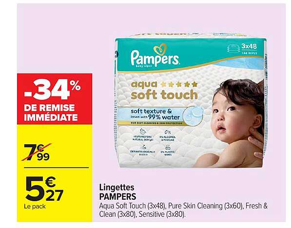 Lingettes PAMPERS Aqua Soft Touch (3x48), Pure Skin Cleaning (3x60), Fresh & Clean (3x80), Sensitive (3x80)