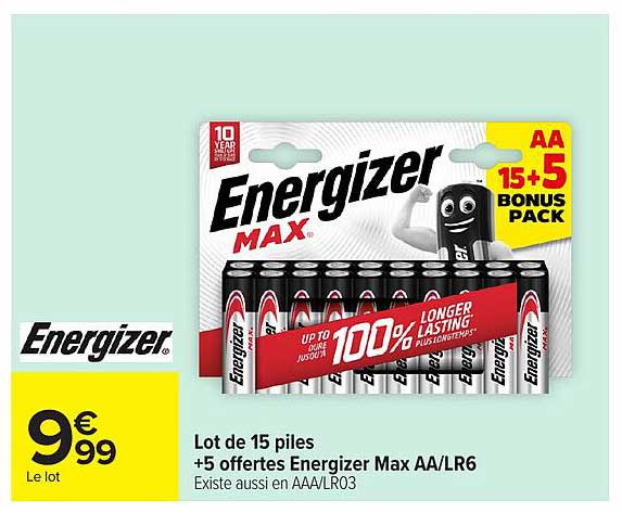 Lot de 15 piles +5 offertes Energizer Max AA/LR6