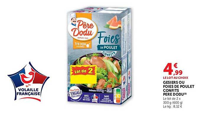 Lot de 2 gésiers ou foies de poulet confits Père Dodu