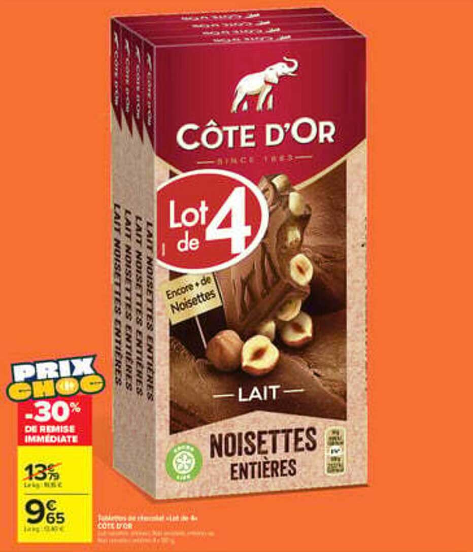 Lot de 4 CÔTE D’OR Lait Noisettes Entières -30% de remise immédiate