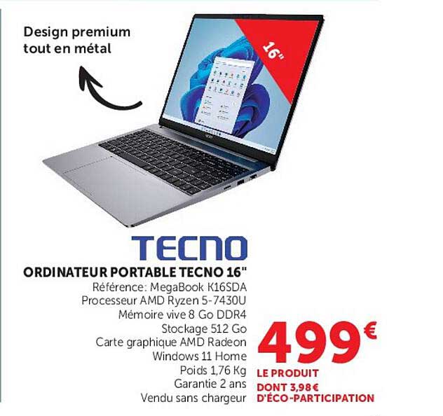 ORDINATEUR PORTABLE TECNO 16"