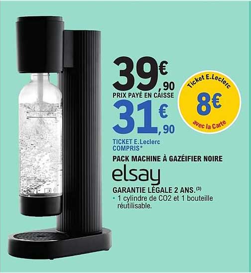 PACK MACHINE À GAZÉIFIER NOIRE elsay GARANTIE LÉGALE 2 ANS. (3) 1 cylindre de CO2 et 1 bouteille réutilisable.