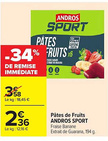 Pâtes de Fruits ANDROS SPORT Fraise Banane Extrait de Guarana, 194 g.