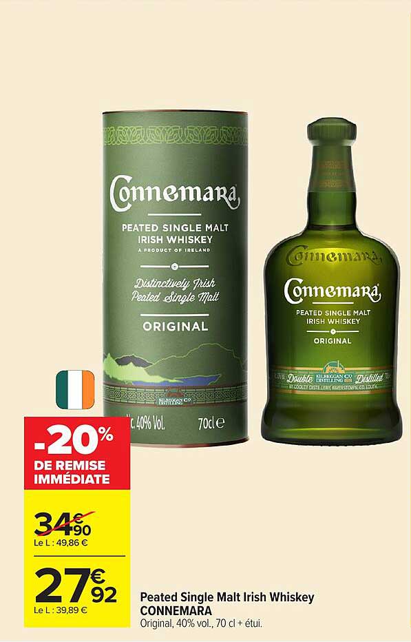 Peated Single Malt Irish Whiskey CONNEMARA Original, 40% vol., 70 cl + étui.
