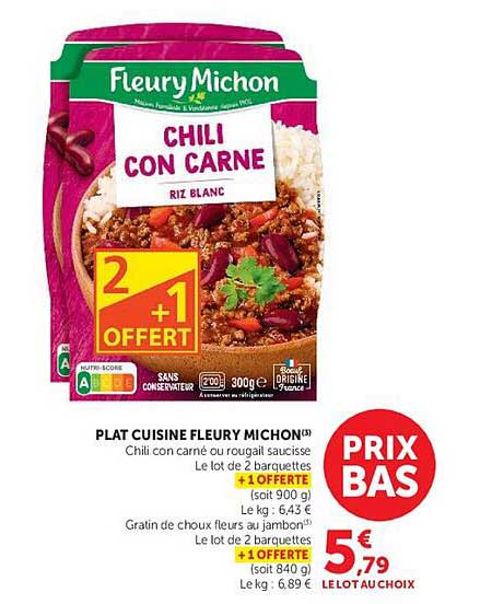 Plat cuisine Fleury Michon Chili con carne ou rougail saucisse Le lot de 2 barquettes +1 OFFERTE