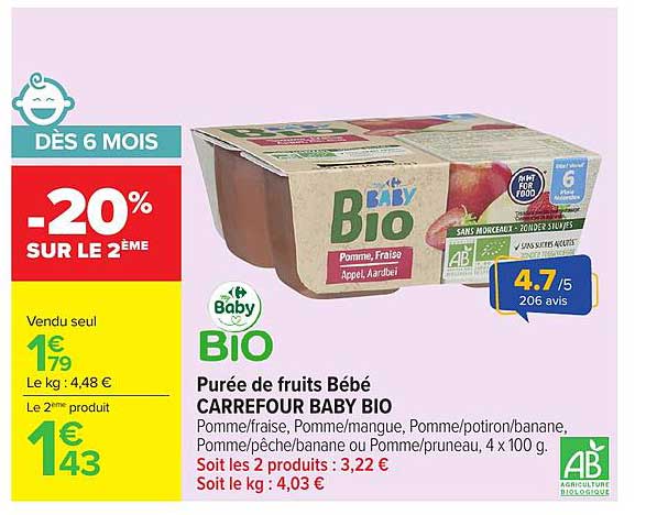 Purée de fruits Bébé CARREFOUR BABY BIO