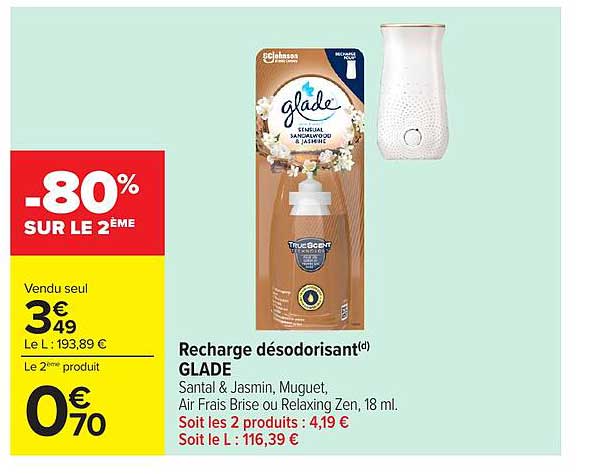 Recharge désodorisant(d) GLADE Santal & Jasmin, Muguet, Air Frais Brise ou Relaxing Zen, 18 ml.