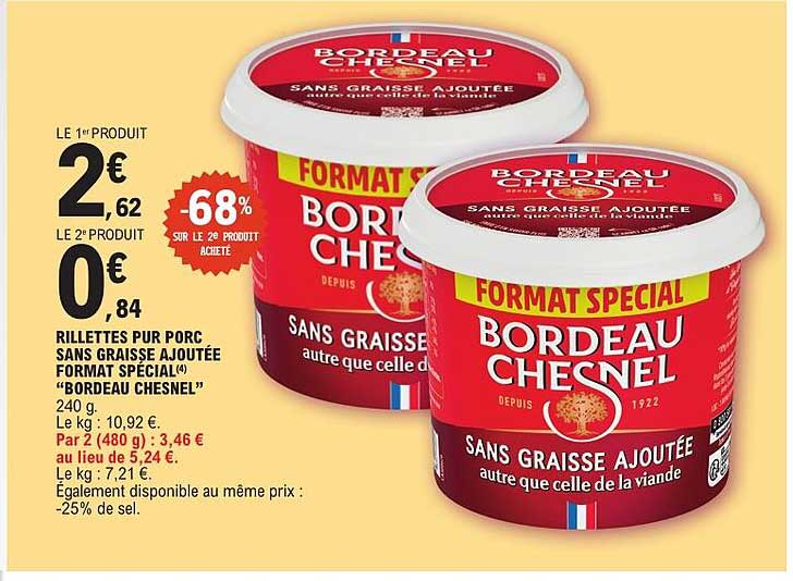 RILLETTES PUR PORC SANS GRAISSE AJOUTÉE FORMAT SPÉCIAL(4) “BORDEAU CHESNEL” 240 g