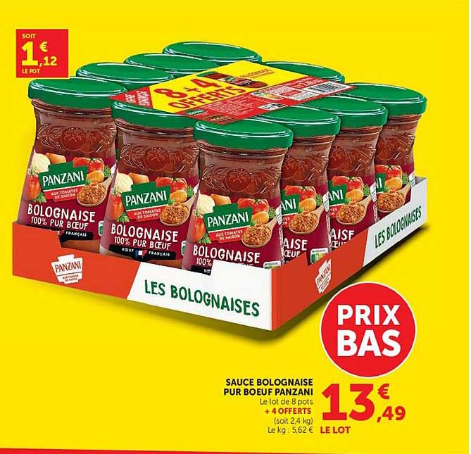 SAUCE BOLOGNAISE PUR BOEUF PANZANI Le lot de 8 pots + 4 OFFERTS (soit 2,4 kg)