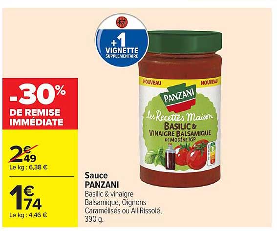 Sauce PANZANI Basilic & vinaigre Balsamique, Oignons Caramélisés ou Ai Rissolé, 390 g.