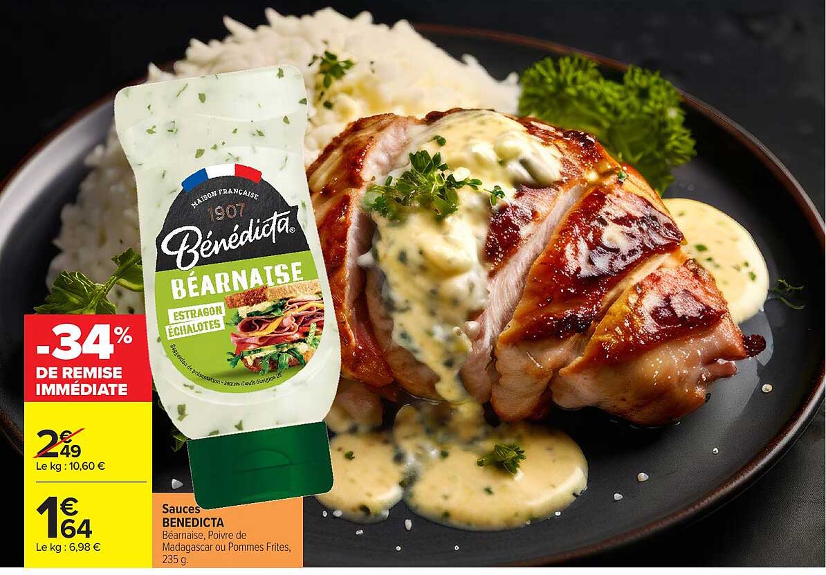Sauces BENEDICTA Béarnaise, Poivre de Madagascar ou Pommes Frites, 235 g.