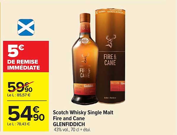 Scotch Whisky Single Malt Fire and Cane GLENFIDDICH 43% vol., 70 cl + étui.