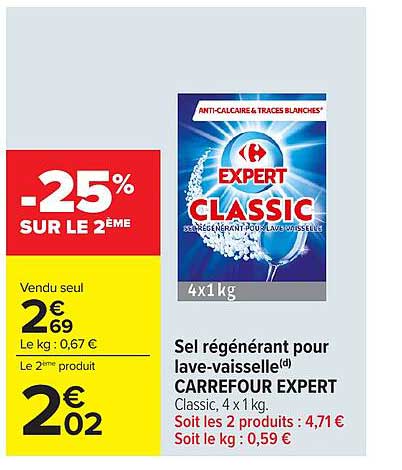 Sel régénérant pour lave-vaisselle CARREFOUR EXPERT Classic, 4 x 1 kg.