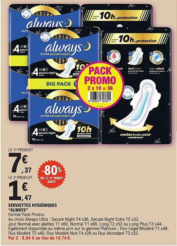 SERVIETTES HYGIÉNIQUES “ALWAYS” Format Pack Promo.