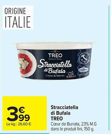 Stracciatella di Bufala TREO Coeur de Burrata, 23% M.G dans le produit fini, 150 g.
