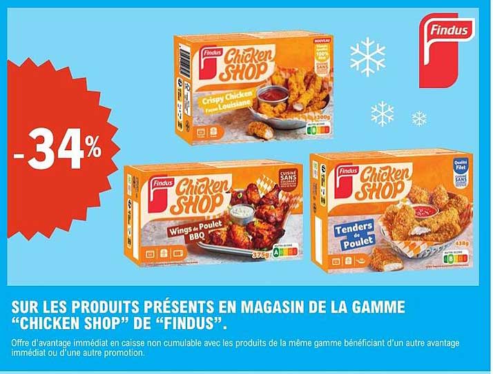 SUR LES PRODUITS PRÉSENTS EN MAGASIN DE LA GAMME “CHICKEN SHOP” DE “FINDUS”.