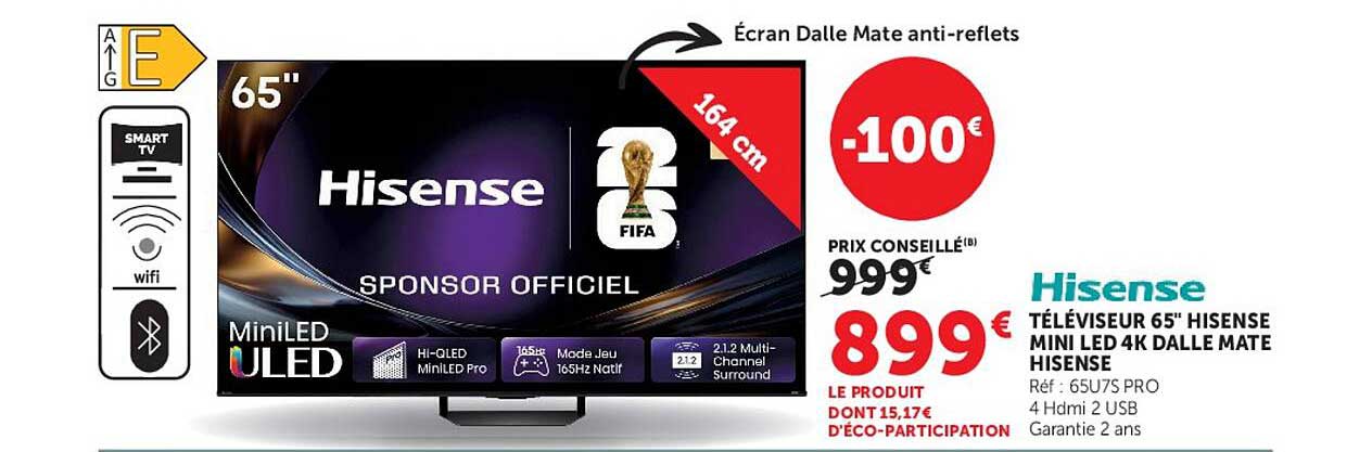 TÉLÉVISEUR 65" HISENSE MINI LED 4K DALLE MATE HISENSE