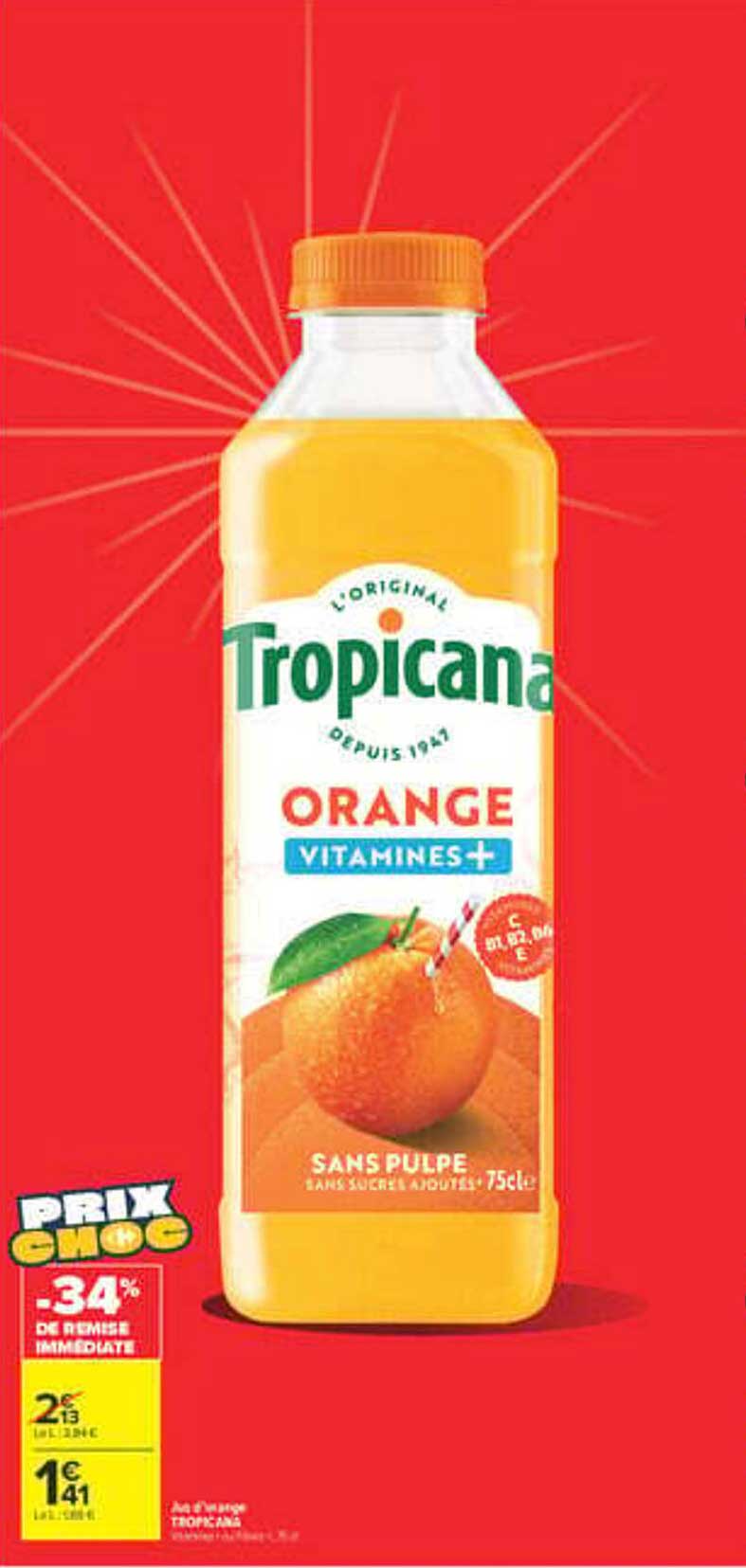 Tropicana Orange Vitamines+ Sans Pulpe 75 cl