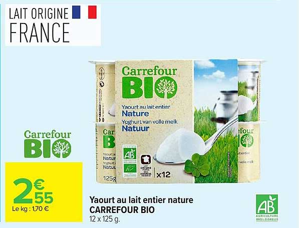 Yaourt au lait entier nature CARREFOUR BIO