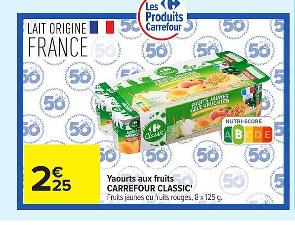 Yaourts aux fruits CARREFOUR CLASSIC' Fruits jaunes ou fruits rouges, 8 x 125 g