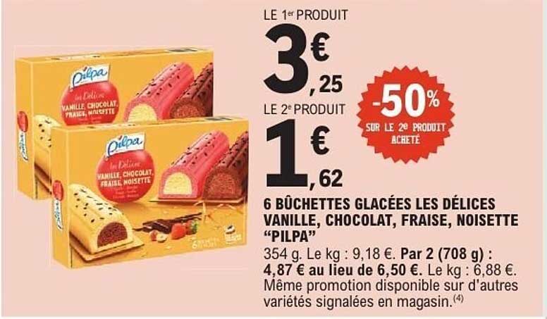 6 BÛCHETTES GLACÉES LES DÉLICES VANILLE, CHOCOLAT, FRAISE, NOISETTE “PILPA”