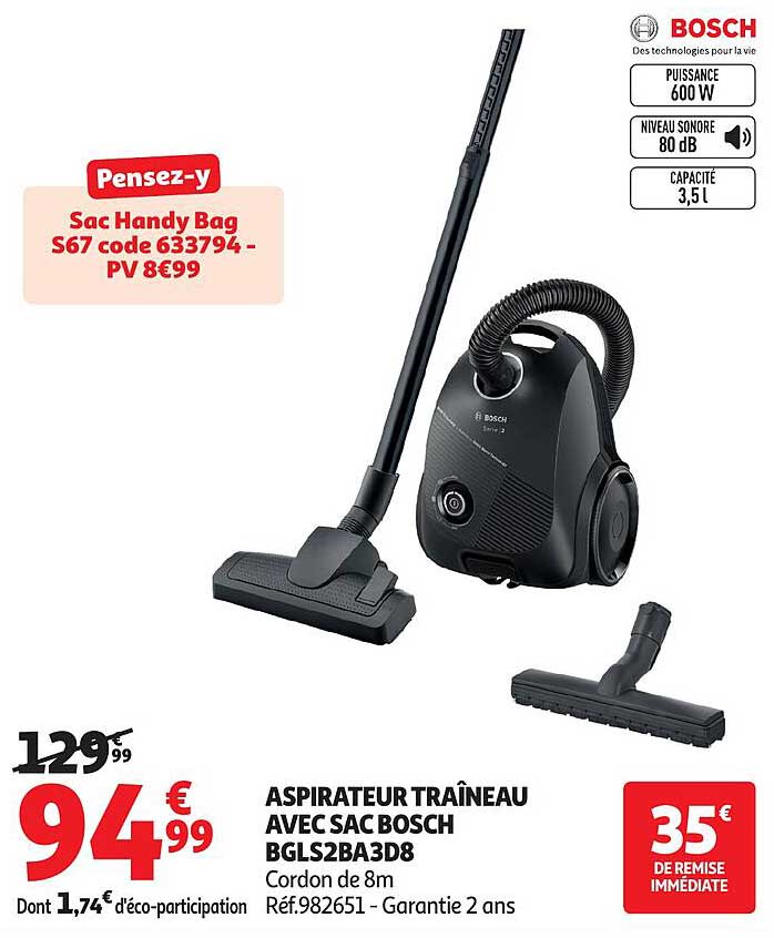 ASPIRATEUR TRAÎNEAU AVEC SAC BOSCH BGLS2BA3D8