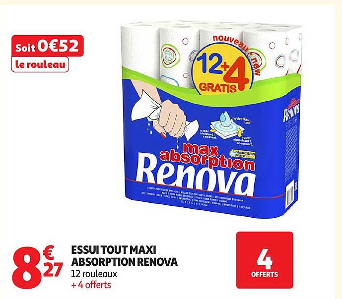 ESSUI TOUT MAXI ABSORPTION RENOVA 12 rouleaux + 4 offerts