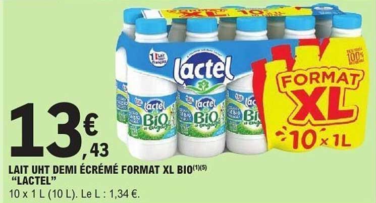 LAIT UHT DEMI ÉCRÉMÉ FORMAT XL BIO “LACTEL”