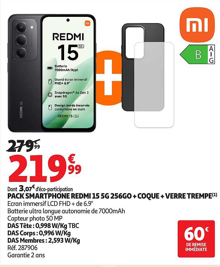 PACK SMARTPHONE REDMI 15 5G 256GO + COQUE + VERRE TREMPÉ