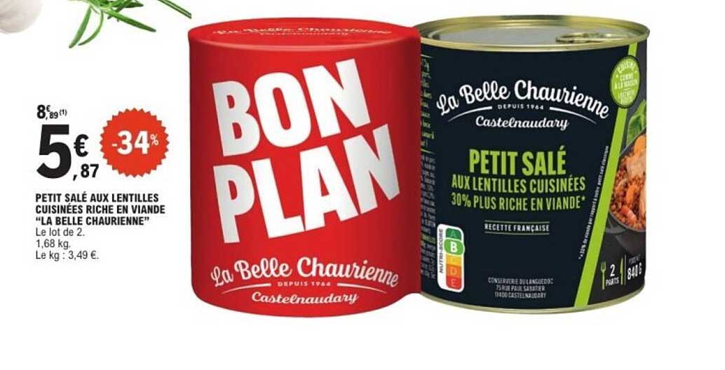 PETIT SALÉ AUX LENTILLES CUISINÉES RICHE EN VIANDE "LA BELLE CHAURIENNE"