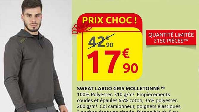 SWEAT LARGO GRIS MOLLETONNÉ