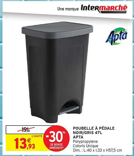 POUBELLE À PÉDALE NOIR/GRIS 47L APTA