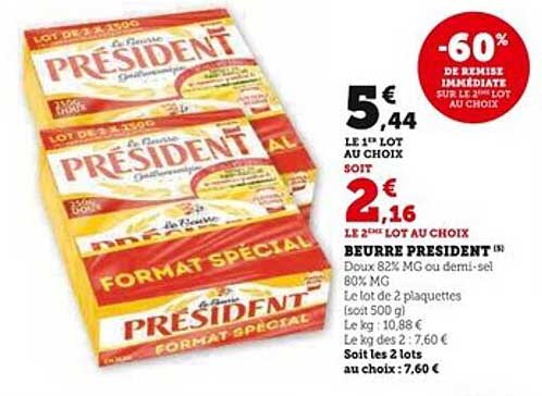 Beurre Président - 60% de remise immédiate sur le 2ème lot au choix