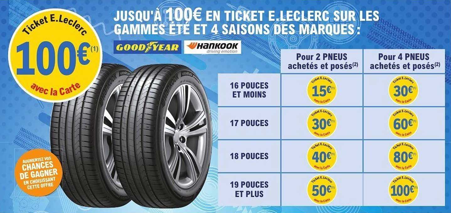 Jusqu'à 100€ en ticket E.Leclerc sur les gammes été et 4 saisons des marques : Goodyear et Hankook