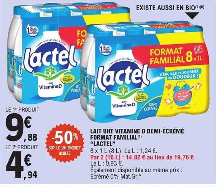 LAIT UHT VITAMINE D DEMI-ÉCRÉMÉ FORMAT FAMILIAL "LACTEL"