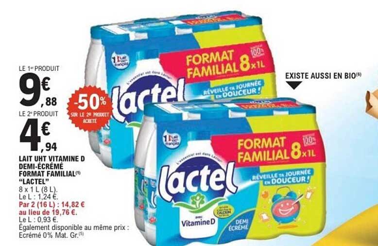 LAIT UHT VITAMINE D DEMI-ÉCRÉMÉ FORMAT FAMILIAL "LACTEL"